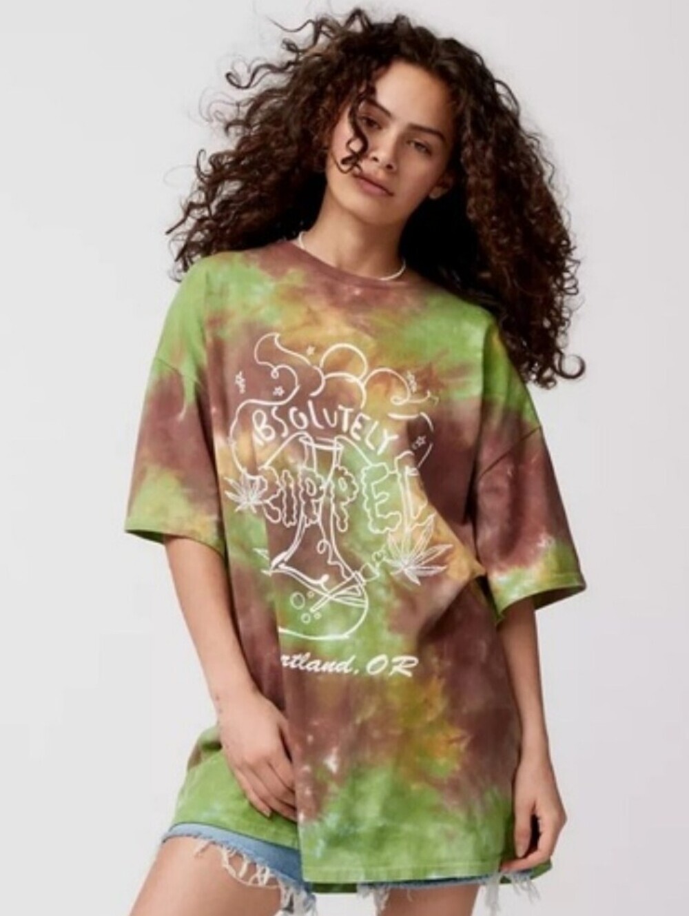 Urban Outfitters OU Ripped Tie-Dye Graphic T-Shirt Dress Green and Brown XS/S